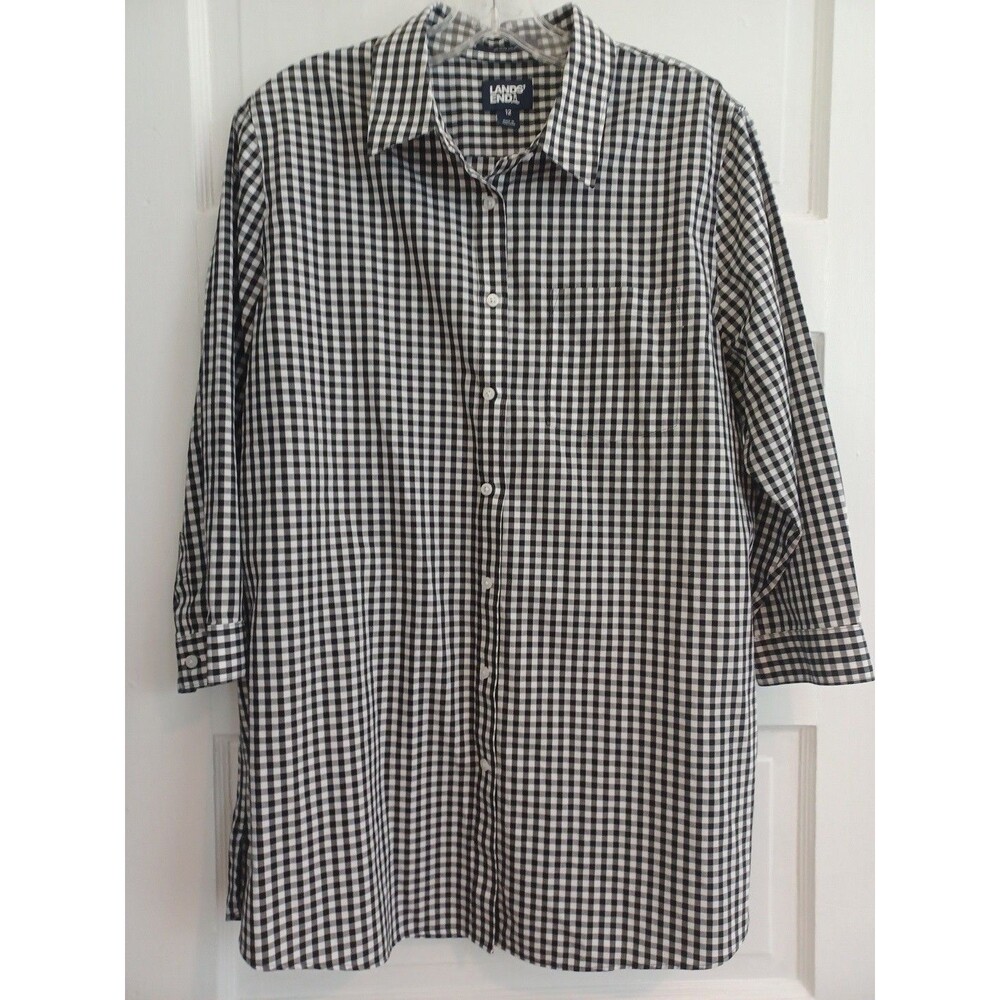 Lands' End black gingham No Iron tunic blouse womens 12 classic preppy cottage